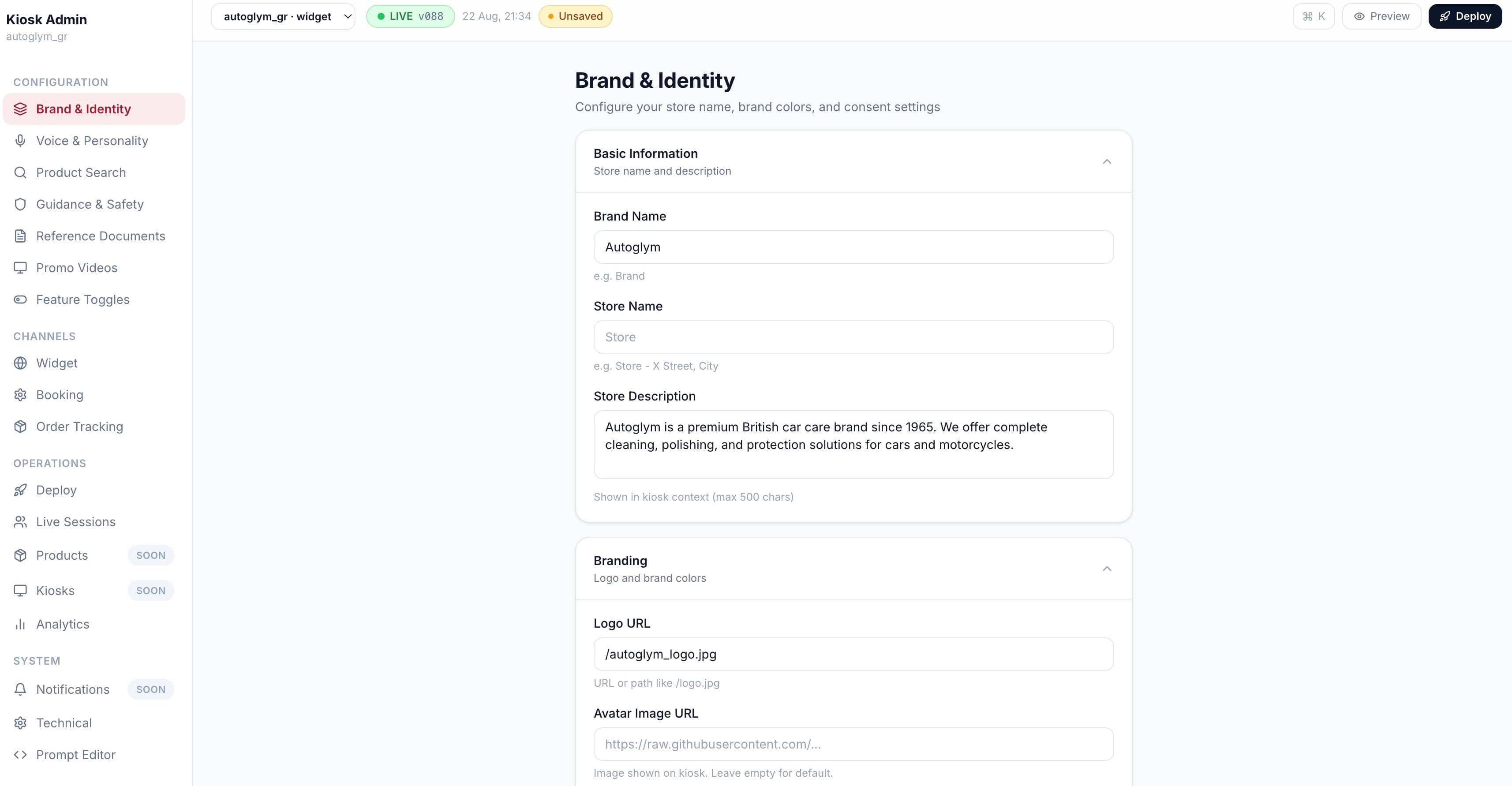 The Advaicon Cockpit: brand, voice, product search, channels, live sessions and analytics, with one-click deploy.